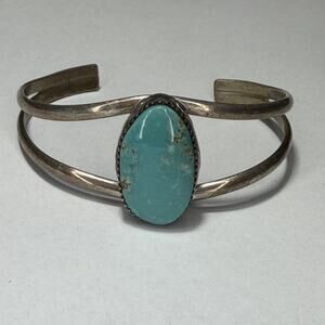 Navajo Handmade Sterling Silver Turquoise Stacker Old Look Bracelet Stamped JH.